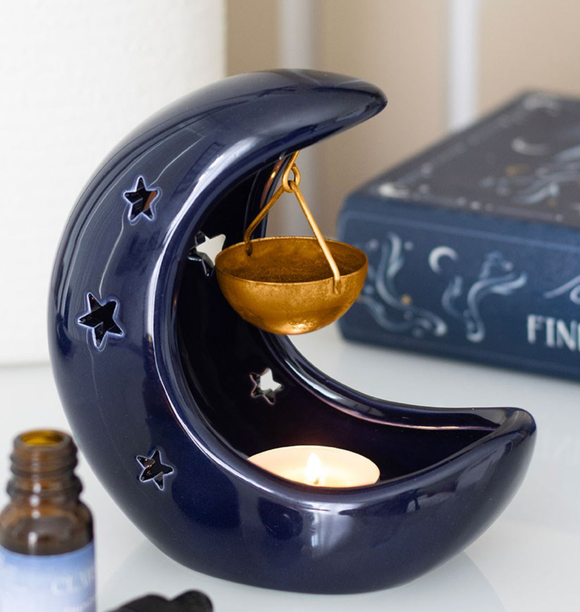 Blue crescent moon hanging wax melt burner